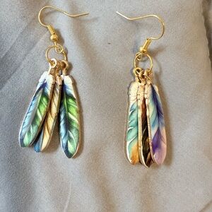 Hand-Painted Feather Drop Earrings — Multicolor Gold Hooks